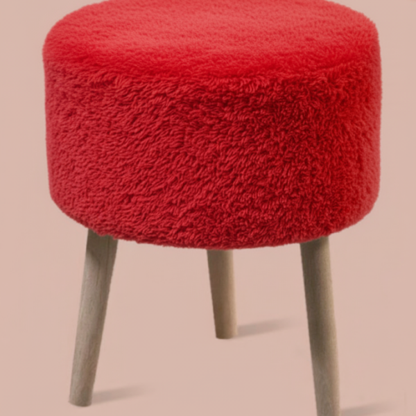 3 Ayaklı Mini Puf - Kırmızı Teddy Peluş Kumaşlı Mini Tabure