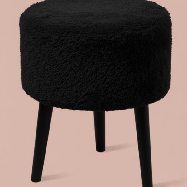 3 Ayaklı Mini Puf - Siyah Teddy Peluş Kumaşlı Mini Tabure