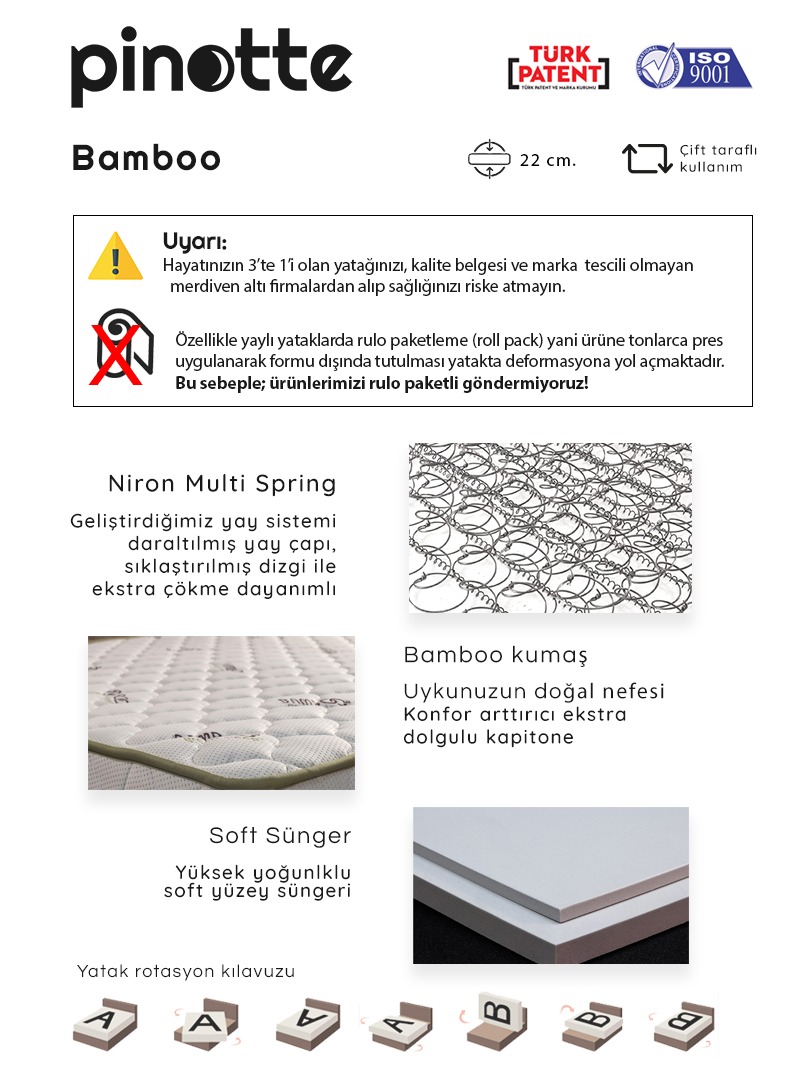 Pinotte Bamboo Lüks Ortopedik Bebek Yatağı 60×120 cm