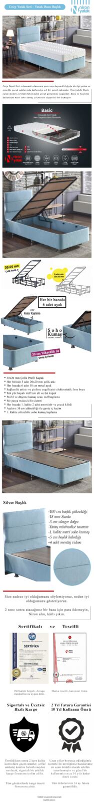 Niron Cozy 120×200 Tek Kişilik Yatak Seti – Mavi Kumaş Baza, Başlık ve Yatak Takımı