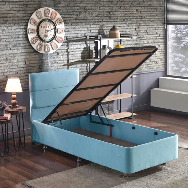 Cozy Baza ve Başlık - 100x200 cm Tek Kişilik Sandıklı Bebek Mavisi Kumaş Baza ve Başlığı Silinebilir