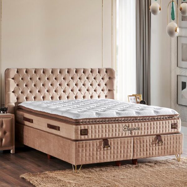 Elegance Lüks Yatak Baza ve Başlık Seti 140x190 cm Çift Kişilik Paket Yaylı Yumuşak Yatak Baza Başlık Takımı