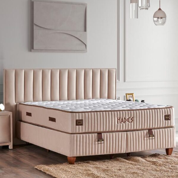 Hades Yatak Baza ve Başlık Seti 150x200 cm Çift Kişilik Paket Yaylı Lüks Yatak Krem Baza Başlık