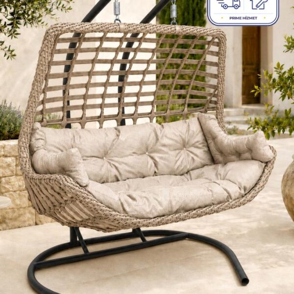 Niron Balina Çift Kişilik Rattan Bahçe Salıncağı Cappucino - Minderli Konfor