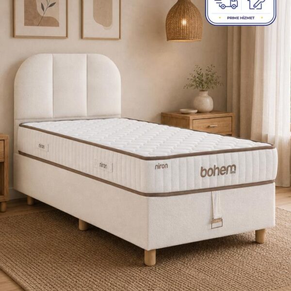 Niron Bohem NMS Klapa 120x200 cm Tek Kişilik Yatak Baza Başlık Seti - NMS Sert Ortopedik