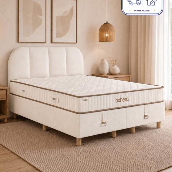 Niron Bohem NMS Klapa 200x200 cm Çift Kişilik Yatak Baza Başlık Seti - NMS Sert Ortopedik
