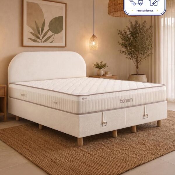 Niron Bohem Pocket Düz 150x200 cm Çift Kişilik Yatak Baza Başlık Seti - Pocket Orta Sert