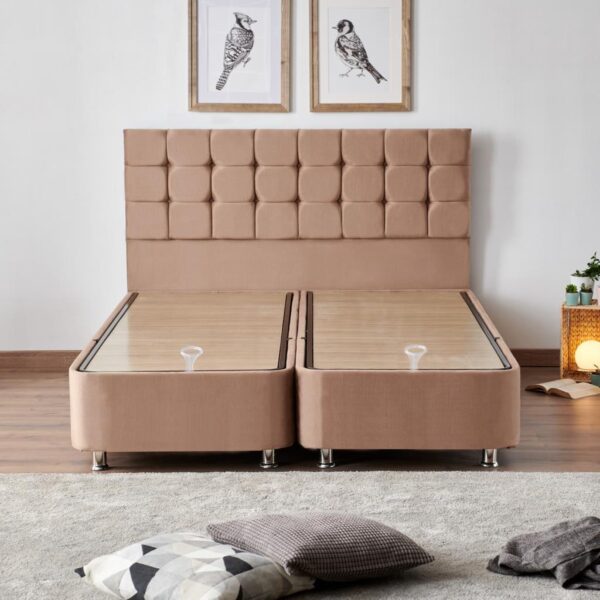 Niron Rama Baza ve Başlık Seti 180x200 cm Çift Kişilik Sütlü Kahve Kumaş Baza ve Başlığı Soho Kumaş