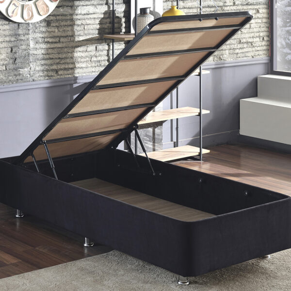 Niron Ela Baza - 90x190 cm Tek Kişilik Sandıklı Siyah Kumaş Baza Silinebilir Soho Kumaş