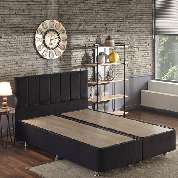 Niron Ela Baza ve Başlık Seti 200x200 cm Çift Kişilik Siyah Kumaş Baza ve Başlığı Silinebilir Soho Kumaş