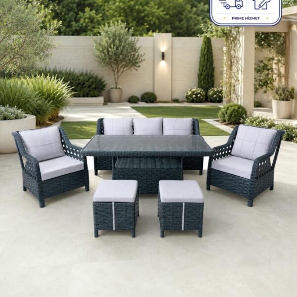 Niron Grand 3'lü Rattan Alüminyum Bahçe Oturma Grubu - Antrasit Temperli Cam Set 3+1+1+Puf