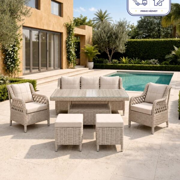 Niron Grand 3'lü Rattan Alüminyum Bahçe Oturma Grubu - Cappucino Temperli Cam Set 3+1+1+Puf