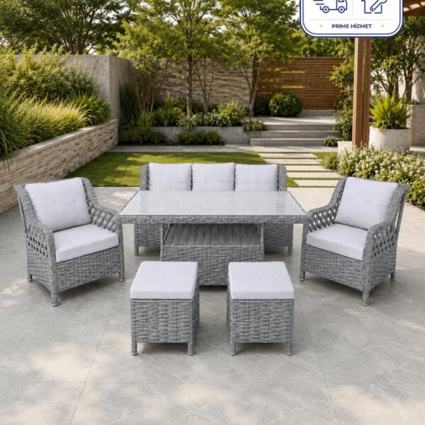 Niron Grand 3'lü Rattan Alüminyum Bahçe Oturma Grubu Gri - Temperli Cam Set 3+1+1+Puf