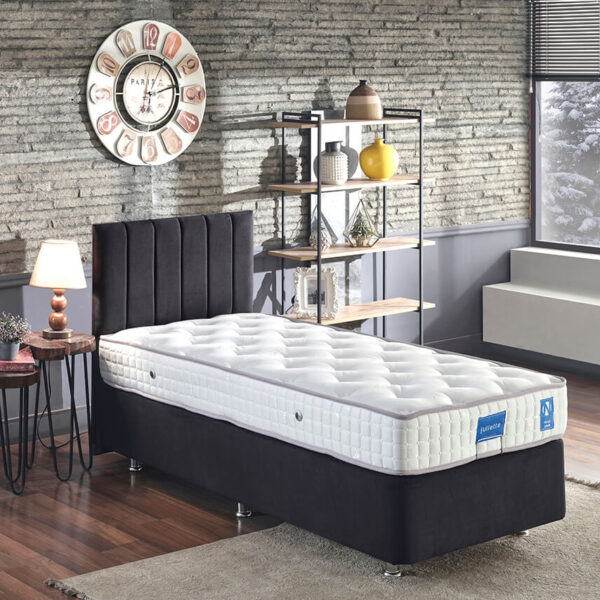 Niron Juliette 100x200 cm Tek Kişilik Lüks Yatak Seti - Siyah Kumaş Baza, Başlık ve Yatak Takımı