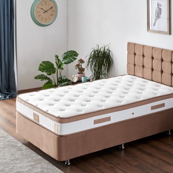 Niron Latte 120x200 cm Tek Kişilik Yatak Baza Başlık Seti - Sert Yatak, Kumaş Baza ve Başlık Takımı