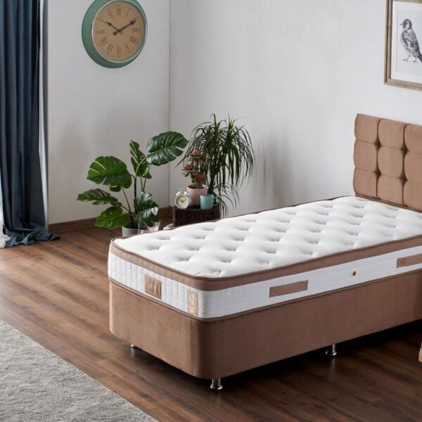 Niron Latte 80x200 cm Tek Kişilik Yatak Baza Başlık Seti - Sert Yatak, Kumaş Baza ve Başlık Takımı