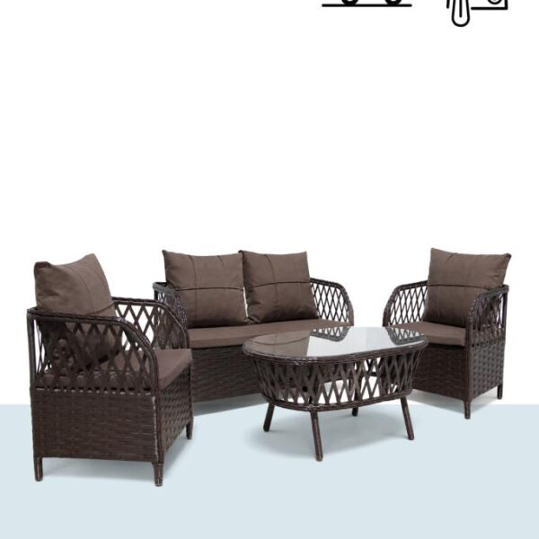Niron Lady Kahverengi Metal Rattan Bahçe Balkon Oturma Grubu 2+1+1 Sehpalı Çay Seti