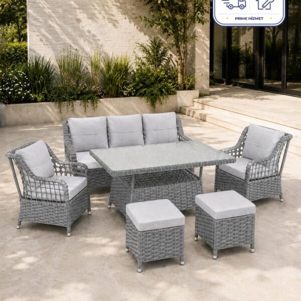 Niron Leo 3'lü Rattan Bahçe Oturma Grubu - Gri Temperli Cam Set 3+1+1+2 Puf