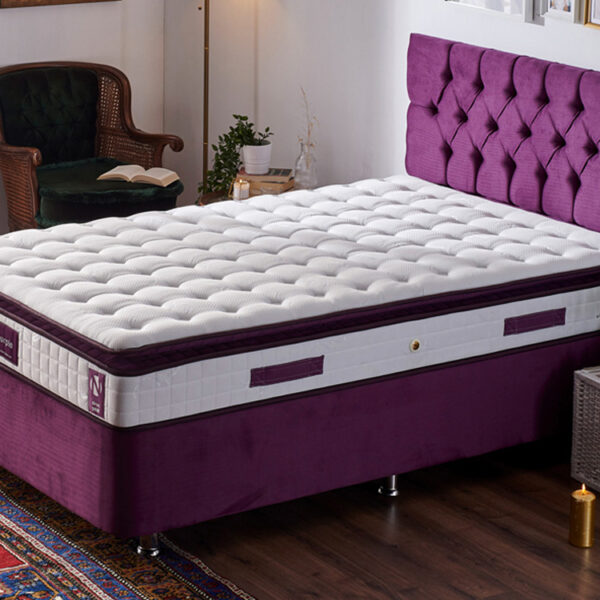 Niron Purple Yatak Seti 120x200 cm Tek Kişilik Yatak Baza Başlık Takımı - Orta Sert Yatak Mor Baza ve Başlığı