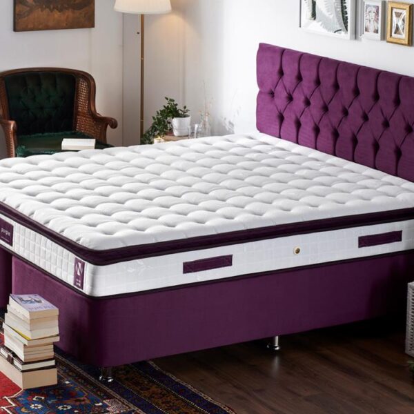 Niron Purple Yatak Seti 140x190 cm Çift Kişilik Yatak Baza Başlık Takımı - Orta Sert Yatak Mor Baza ve Başlığı