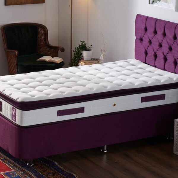 Niron Purple Yatak Seti 80x180 cm Tek Kişilik Yatak Baza Başlık Takımı - Orta Sert Yatak Mor Baza ve Başlığı