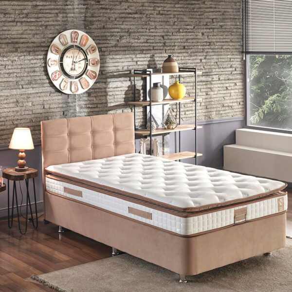 Niron Queen 120x200 Bir Buçuk Kişilik Pedli Yatak Seti Sütlü Kahve Kumaş Baza Başlık ve Yatak Takımı