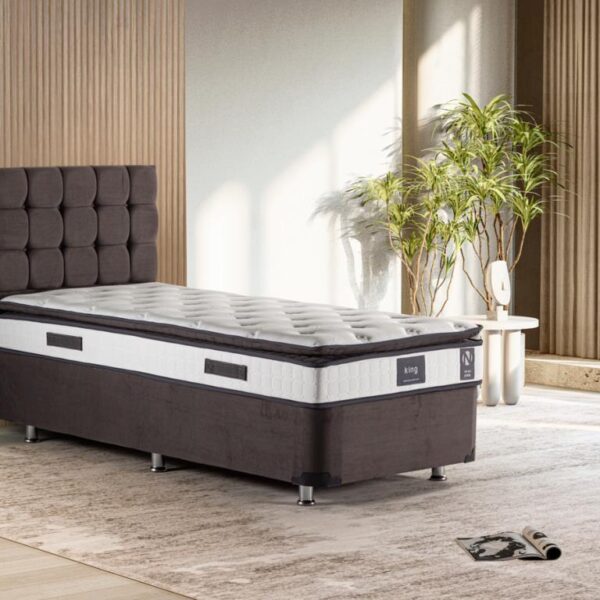 Niron King Yatak Seti 80x180 Tek Kişilik Yatak Baza Başlık Takımı Füme
