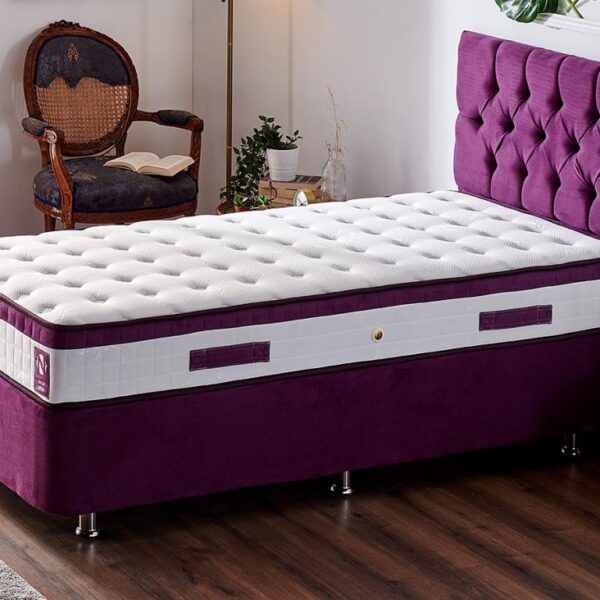 Niron Violet Yatak Seti 90x200 cm Tek Kişilik Yatak Baza Başlık Takımı - Orta Sert Yatak Mor Baza ve Başlığı