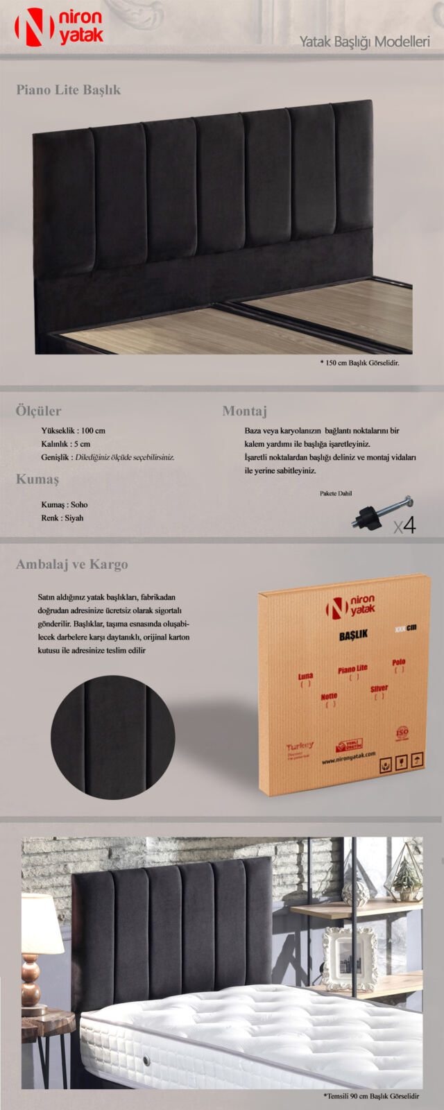 Piano Lite Tek Kişilik Yatak Başlığı – 90 cm Siyah Kumaş Başlık