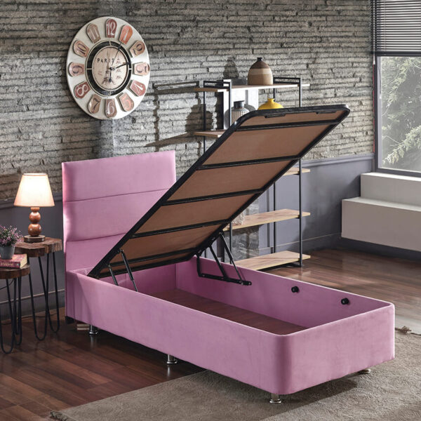 Pinky Baza ve Başlık - 120x200 cm Tek Kişilik Sandıklı Pembe Kumaş Baza ve Başlığı Silinebilir