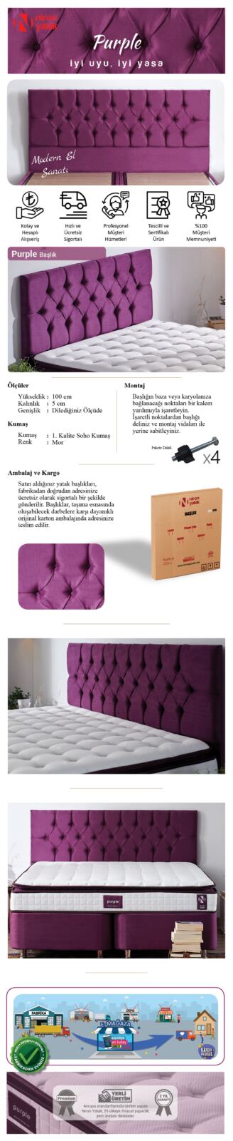Niron Purple Tek Kişilik Yatak Başlığı – 80 cm Mor Kumaş Başlık – Baza ve Karyola Başlığı