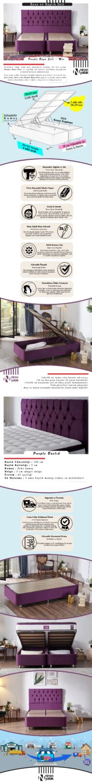 Niron Purple Baza ve Başlık Seti – 90×200 cm Tek Kişilik Sandıklı Mor Kumaş Baza ve Başlığı