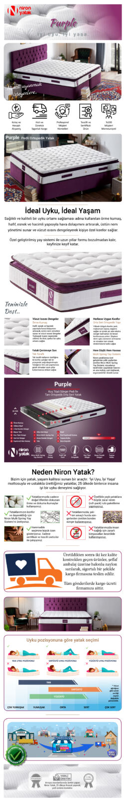 Niron Purple 180×200 Çift Kişilik Pedli Yatak Full Ortopedik Yaylı Yatak