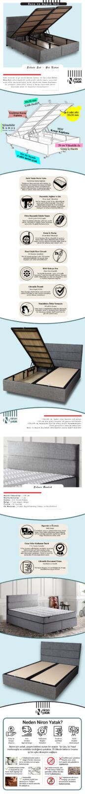 Niron Silver Baza ve Başlık Seti 160×200 cm Çift Kişilik Kaydırmaz Kumaşlı Gri Keten Baza ve Başlığı