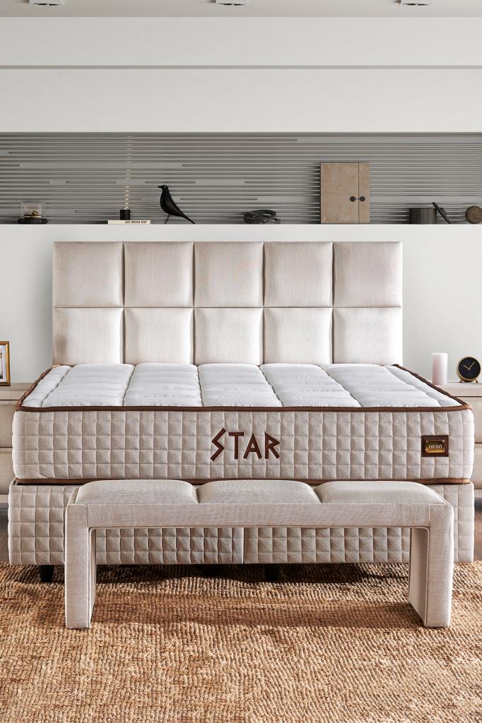 Star Yatak Seti 140x190 cm Çift Kişilik Yaylı Sert Ortopedik Yatak Krem Keten Lüks Baza Başlık Takım — görsel 2