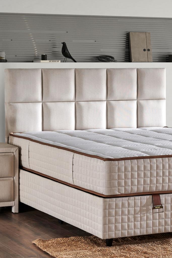 Star Yatak Seti 140x190 cm Çift Kişilik Yaylı Sert Ortopedik Yatak Krem Keten Lüks Baza Başlık Takım - Görsel 8