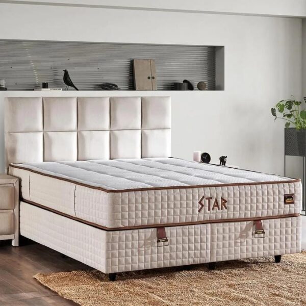 Star Yatak Seti 150x200 cm Çift Kişilik Yaylı Sert Ortopedik Yatak Krem Keten Lüks Baza Başlık Takım