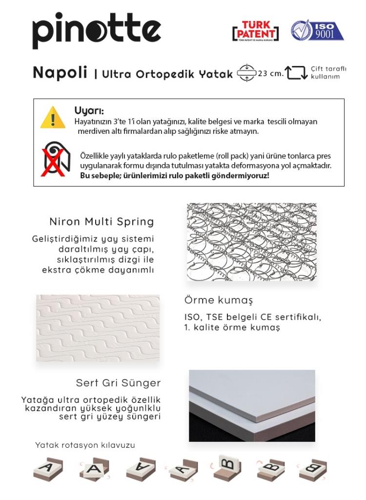 Tek Kişilik Ultra Ortopedik 80×200 cm Niron Napoli Yatak