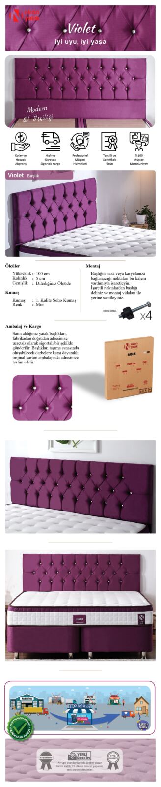 Niron Violet Çift Kişilik Yatak Başlığı – 200 cm Mor Kumaş Başlık – Baza ve Karyola Başlığı