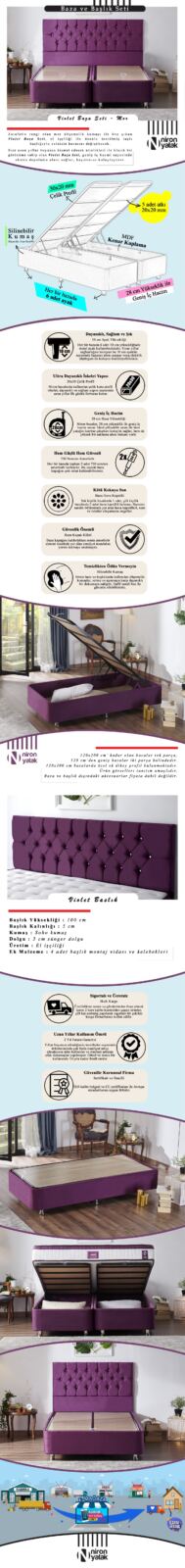Niron Violet Baza ve Başlık Seti – 90×200 cm Tek Kişilik Sandıklı Mor Kumaş Baza ve Başlığı
